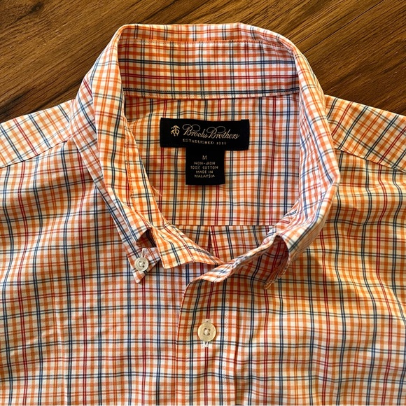 Brooks Brothers Long Sleeve Button Down Shirt Orange Blue Red Plaid Mens Size M - Picture 1 of 7